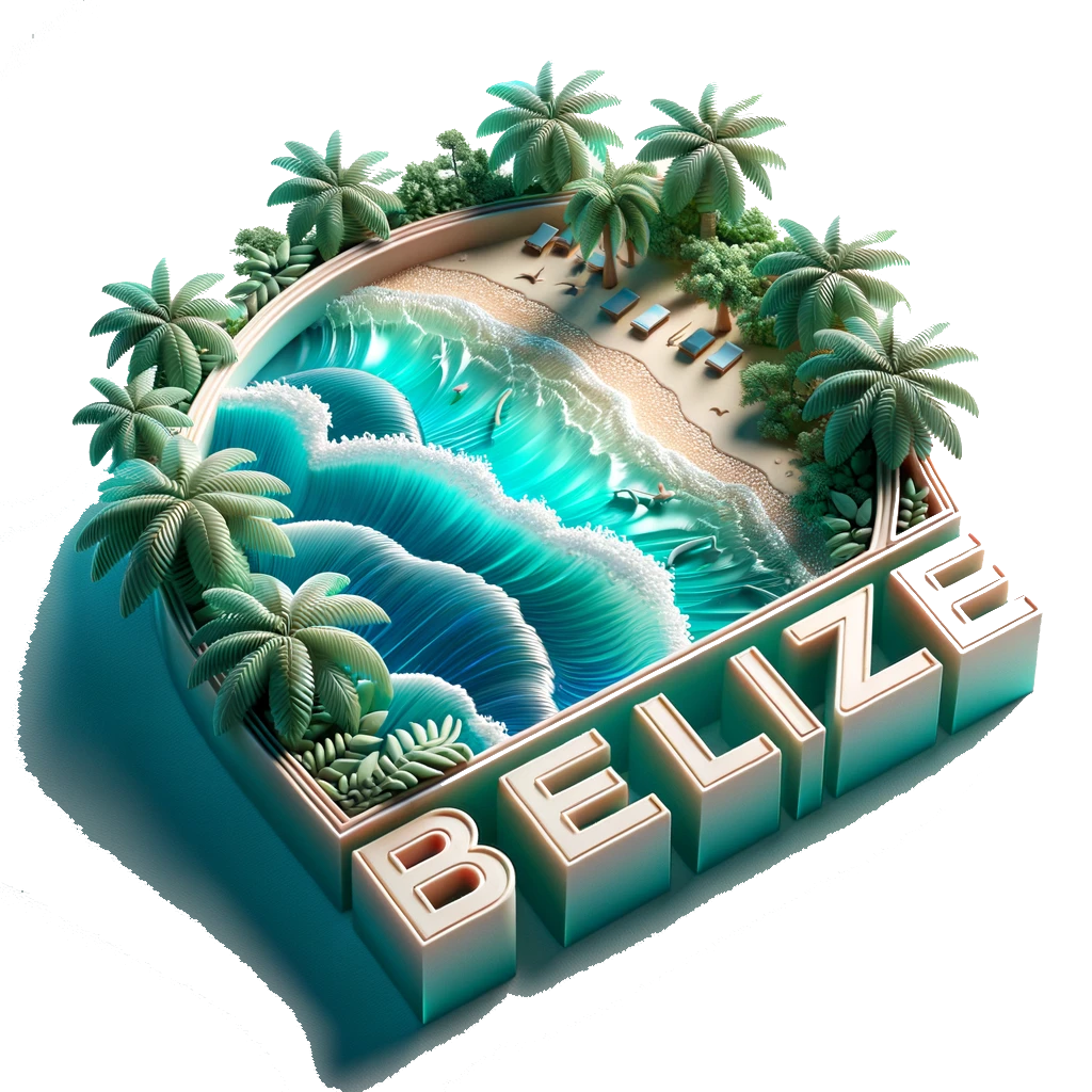 A stylized 3D rendering of a tropical beach scene with the word "Belize" incorporated into the Elementor-designed header.