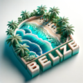 A 3D illustration captures a miniature tropical beach scene with turquoise waves, sandy shores, and palm trees, all encased in a circular frame. The word "BELIZE" boldly adorns the bottom of the frame.