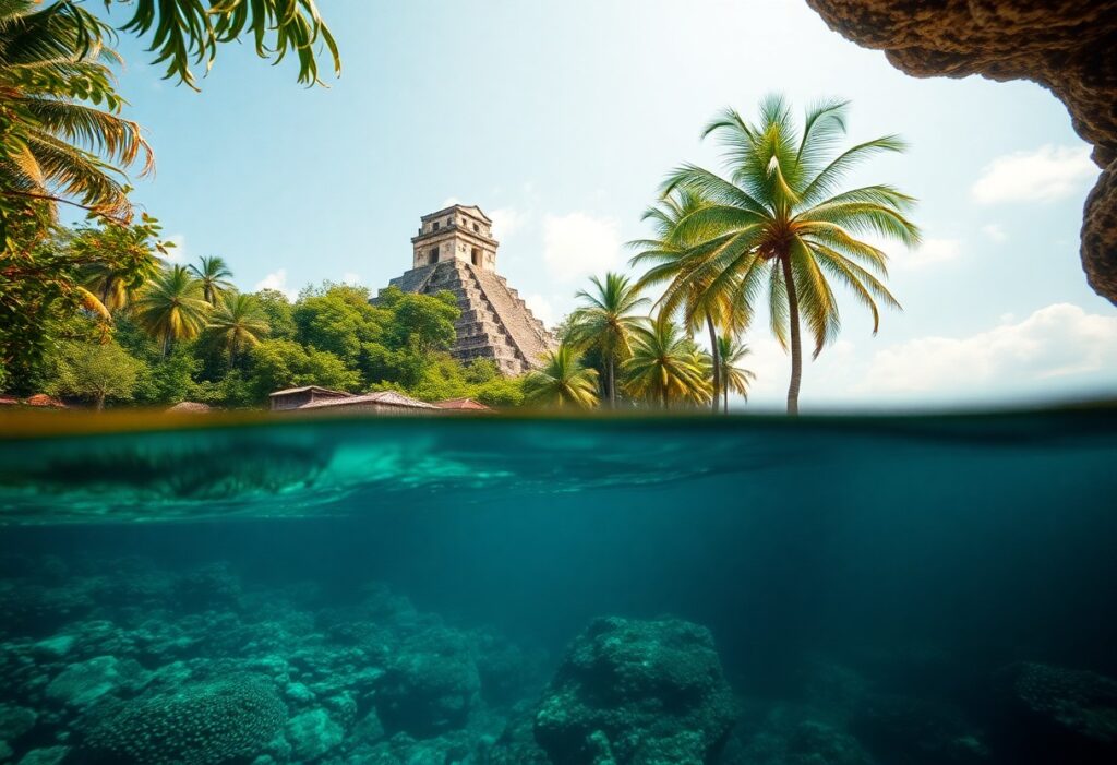 An underwater split-view image shows a tropical beach landscape with a Mayan pyramid and palm trees above water, and coral rocks below in clear blue water. The sky is partly cloudy, and the scene conveys a blend of ancient architecture and natural beauty.