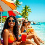 A group of women in swimwear sit under colorful beach umbrellas at the water's edge, each holding a drink. The sunny beach setting features clear blue skies, palm trees, and a person paddling a kayak in the background.