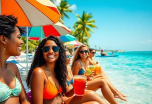 A group of women in swimwear sit under colorful beach umbrellas at the water's edge, each holding a drink. The sunny beach setting features clear blue skies, palm trees, and a person paddling a kayak in the background.