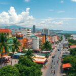 A coastal cityscape with a road lined by colorful buildings and palm trees. The view includes people and vehicles on the road, mountains in the distance, and a beach on the right, stretching out to the horizon under a cloudy blue sky.