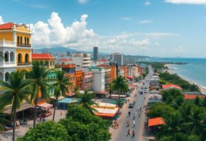 A coastal cityscape with a road lined by colorful buildings and palm trees. The view includes people and vehicles on the road, mountains in the distance, and a beach on the right, stretching out to the horizon under a cloudy blue sky.