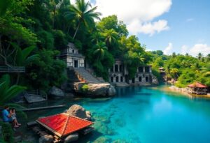 A serene tropical setting features clear turquoise water bordered by dense green foliage. Stone temple-like structures are partially submerged on one side. A small red-roofed hut sits by the water, with two people seated nearby. Fluffy clouds fill the sky.