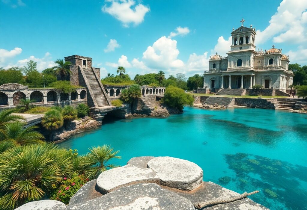 A beautiful landscape featuring a serene turquoise lake surrounded by lush greenery. On the left, stone ruins and a staircase lead to a small tower. On the right, a large, ornate building stands with a cross on top. Fluffy clouds dot the blue sky.