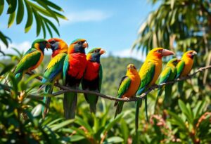 A group of brightly colored parrots perched on a branch surrounded by lush green foliage. The birds display a mix of red, yellow, green, and blue feathers. A clear blue sky is visible in the background.