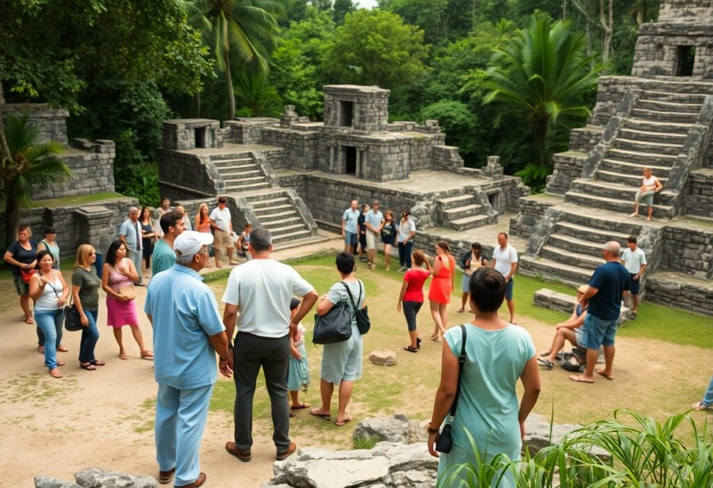 A group of tourists is gathered at an ancient ruin site, surrounded by stone structures and lush greenery. Some people are listening to a guide, while others take photos or look around.