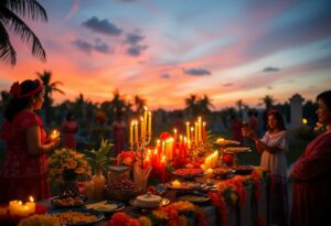 A vibrant outdoor celebration at sunset features people in traditional attire holding candles. A table is adorned with food, floral decorations, and numerous lit candles. Palm trees are silhouetted against a colorful sky in the background.