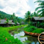 A tranquil village scene with traditional thatched-roof houses surrounded by lush greenery. Two wooden boats float in a narrow, calm river. Tall palm trees line the water, and hills are visible in the background under a partly cloudy sky.