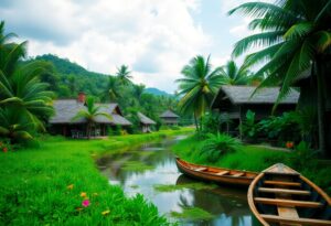 A tranquil village scene with traditional thatched-roof houses surrounded by lush greenery. Two wooden boats float in a narrow, calm river. Tall palm trees line the water, and hills are visible in the background under a partly cloudy sky.