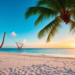 A tranquil beach scene featuring a hammock strung between two palm trees on white sand, with a clear blue ocean and a warm sunset in the background. The sky is mostly clear with a few clouds.