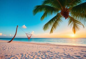 A tranquil beach scene featuring a hammock strung between two palm trees on white sand, with a clear blue ocean and a warm sunset in the background. The sky is mostly clear with a few clouds.