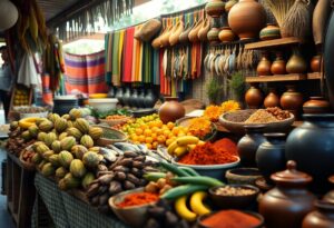 A vibrant market stall displays an assortment of colorful fruits, vegetables, spices, and pottery. Woven fabrics and baskets hang above, adding to the cultural ambiance. The scene is lively with a variety of textures and colors.