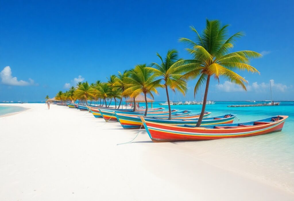 A sandy beach with a row of colorful wooden boats lined up near the shoreline. Tall palm trees stand along the beach, and the turquoise sea is visible under a clear blue sky.