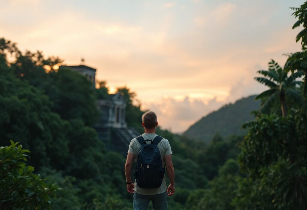 A person with a backpack stands facing a lush, green landscape at sunset. The sky is a mix of orange, pink, and blue hues. There are trees surrounding the individual, and a distant building is partially visible amidst the foliage.