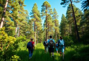 A group of people with backpacks walk through a lush, green forest. Tall trees surround them, and the sky is clear and blue. The sun casts shadows on the grass and foliage.