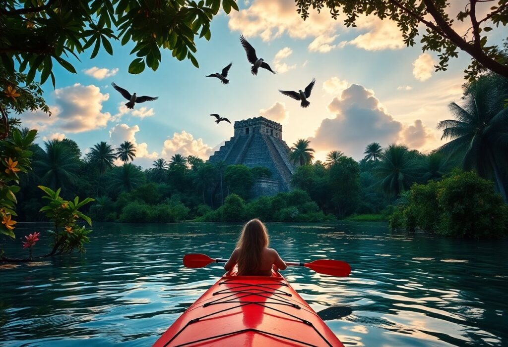 A person in a red kayak paddles toward an ancient pyramid surrounded by lush greenery and palm trees. Birds fly overhead against a vibrant sunset sky, casting reflections on the water.