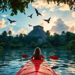 A person in a red kayak paddles toward an ancient pyramid surrounded by lush greenery and palm trees. Birds fly overhead against a vibrant sunset sky, casting reflections on the water.