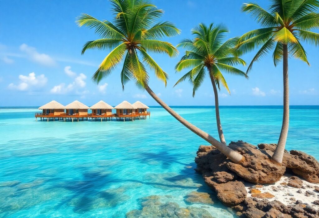 A tropical ocean scene with clear turquoise water and several thatched-roof bungalows on stilts in the background. In the foreground, three palm trees stand on a small rocky outcrop, leaning over the water under a sunny blue sky.