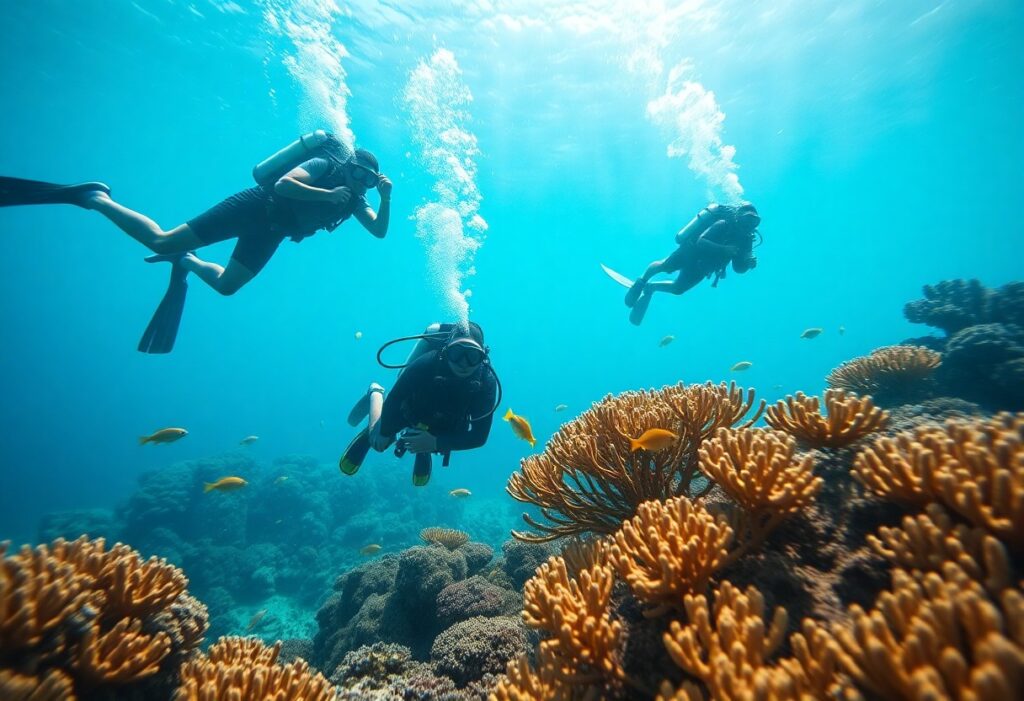 Three scuba divers swim in clear blue water above a colorful coral reef, surrounded by small orange fish. Sunlight filters through the water, illuminating the vibrant underwater scene.