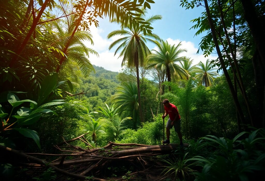 A person wearing a red shirt is hiking through a lush, green tropical forest. Tall palm trees and dense foliage surround the path. Sunlight filters through the canopy, illuminating the vibrant greenery. A hill is visible in the background.