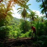 A person wearing a red shirt is hiking through a lush, green tropical forest. Tall palm trees and dense foliage surround the path. Sunlight filters through the canopy, illuminating the vibrant greenery. A hill is visible in the background.