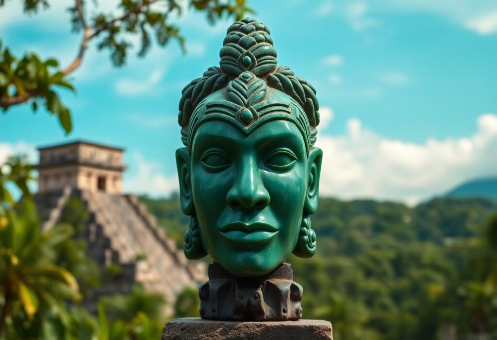 A large, green stone statue of a serene human face with intricate headdress stands in the foreground. In the background, a pyramid structure is visible against a clear blue sky with scattered clouds and lush greenery.