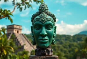 A large, green stone statue of a serene human face with intricate headdress stands in the foreground. In the background, a pyramid structure is visible against a clear blue sky with scattered clouds and lush greenery.