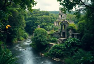 Ancient stone temple surrounded by lush jungle, with a flowing river in the foreground. A toucan is perched on a branch to the left. The scene is serene and overcast, highlighting the greenery and the weathered structure.