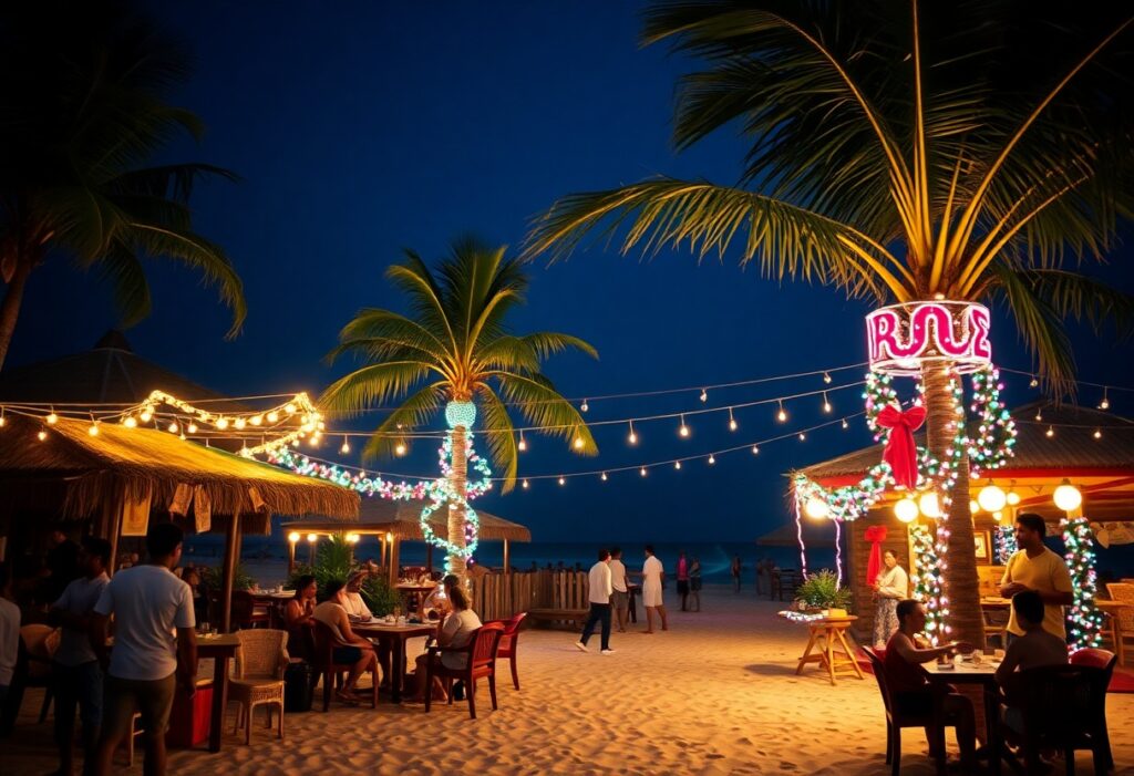 A tropical beach scene at night with palm trees decorated with strings of lights. People sit at tables under thatched roofs, and festive neon lights adorn a small building. The night sky is clear, and a few people walk along the sandy beach.