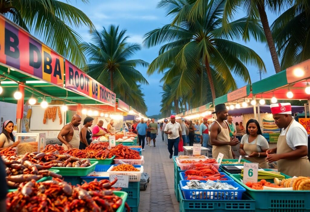 A bustling outdoor seafood market at dusk with various stalls displaying fresh seafood like lobsters and crabs. Vendors and shoppers interact under vibrant signs, and palm trees line the background. The atmosphere is lively and colorful.