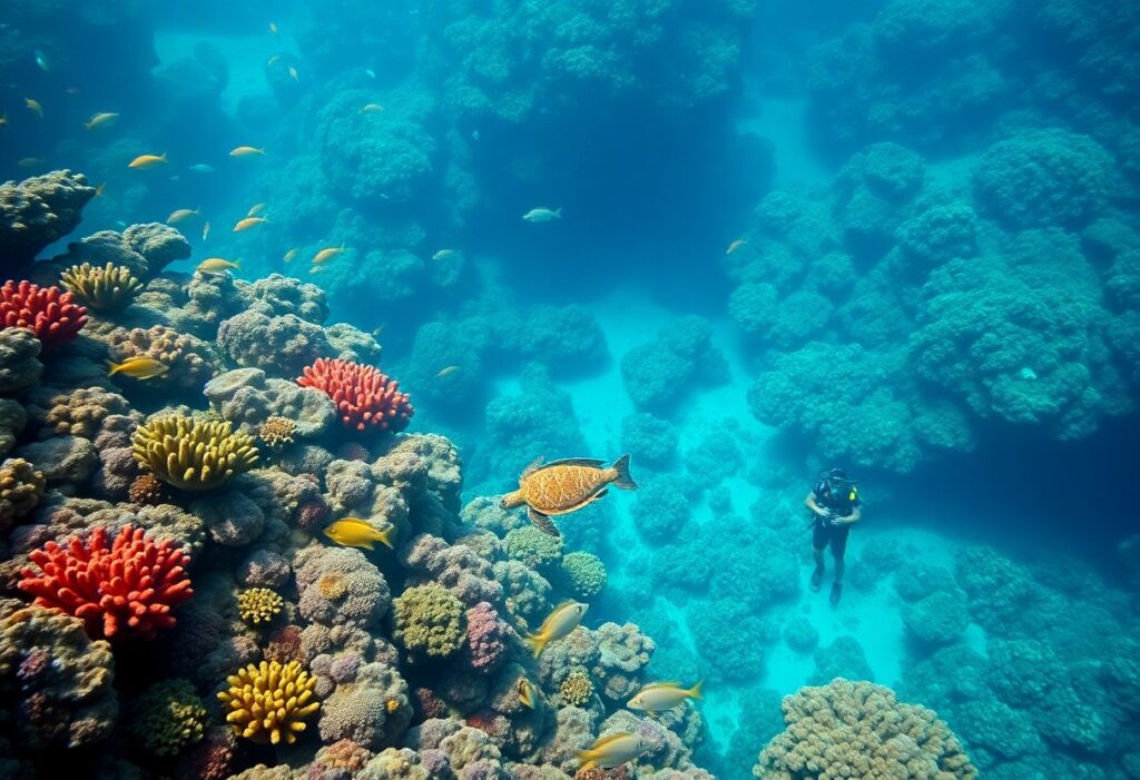 A diver swims near a vibrant coral reef teeming with various marine life. There are colorful corals, a turtle, and numerous fish visible in the clear blue water.