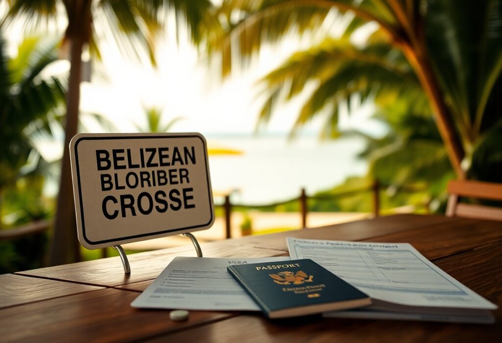 A Belizean passport, visa application, and a sign reading "Belizean Border Crossing" are on a wooden table. Palm trees and a blurred view of the ocean are in the background.