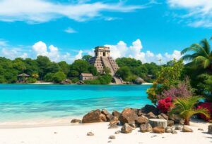 A beachfront scene in Belize, one of the top destinations for summer, features clear turquoise waters, white sand, and lush tropical foliage. In the background stands a stone pyramid-style structure surrounded by dense greenery under a partly cloudy blue sky. Rocks and plants frame the foreground.