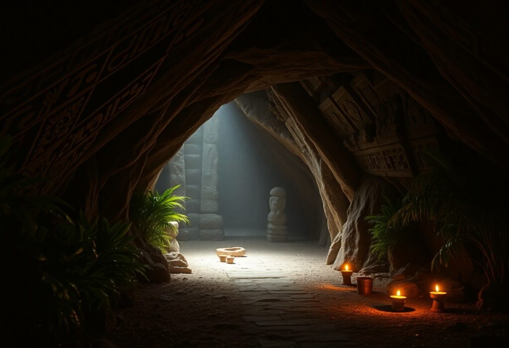 A dimly lit ancient stone corridor with intricate carvings on the walls hints at spiritual significance. Candles illuminate the passage, casting a warm glow, reminiscent of sacred caves. Potted plants line the path, and a statue stands at the end under a beam of light, evoking Belize's historical charm.