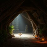 A dimly lit ancient stone corridor with intricate carvings on the walls hints at spiritual significance. Candles illuminate the passage, casting a warm glow, reminiscent of sacred caves. Potted plants line the path, and a statue stands at the end under a beam of light, evoking Belize's historical charm.