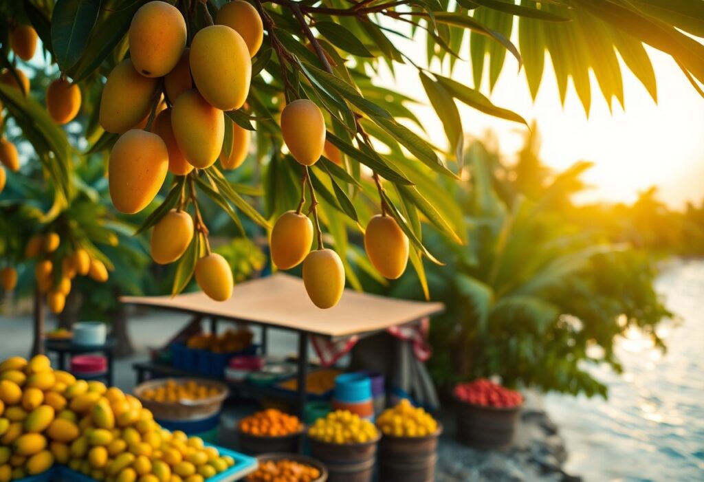 Mangoes hang from a tree in the foreground, with a fruit stand showcasing vibrant flavors like mangoes and oranges in the background. Set outdoors on a sunny day by the tranquil waters of Belize, it captures the essence of Mango Season.