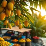 Mangoes hang from a tree in the foreground, with a fruit stand showcasing vibrant flavors like mangoes and oranges in the background. Set outdoors on a sunny day by the tranquil waters of Belize, it captures the essence of Mango Season.