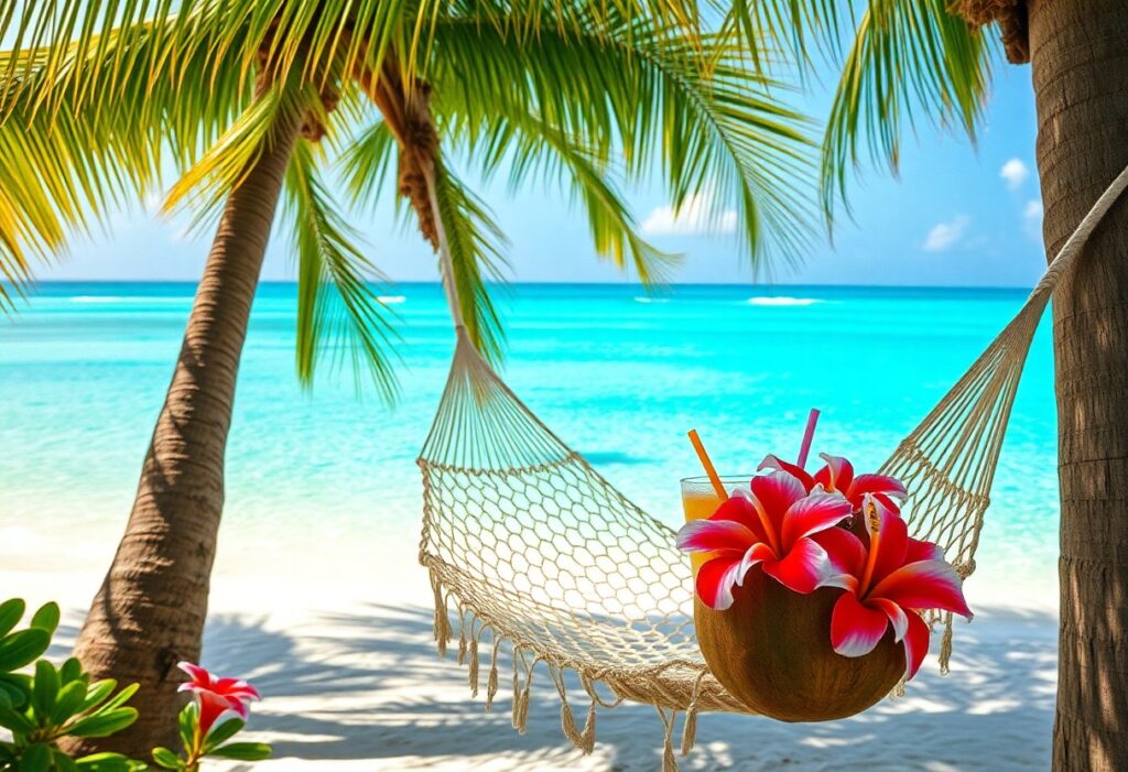 A hammock is strung between two palm trees on a tropical beach. A coconut drink with pink flowers is placed on the hammock. The turquoise ocean is in the background, under a clear blue sky.