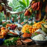 A vibrant outdoor market stall displays a variety of fresh produce, including fruits, vegetables, grains, and fish. The background shows more stalls and distant figures interacting. Lush green foliage is visible in the surroundings.