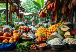 A vibrant outdoor market stall displays a variety of fresh produce, including fruits, vegetables, grains, and fish. The background shows more stalls and distant figures interacting. Lush green foliage is visible in the surroundings.