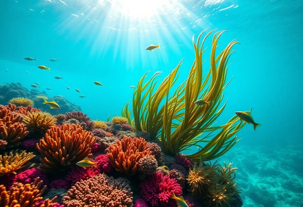 Explore the wonders of Belize's underwater scene with a vibrant coral reef teeming with colorful corals and swaying seaweed. Small fish dart through the clear turquoise water as sunlight filters from above, casting a warm glow on this enchanting marine life. Dive in and discover paradise below.