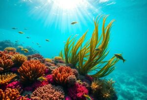 Explore the wonders of Belize's underwater scene with a vibrant coral reef teeming with colorful corals and swaying seaweed. Small fish dart through the clear turquoise water as sunlight filters from above, casting a warm glow on this enchanting marine life. Dive in and discover paradise below.