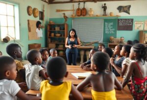 A teacher stands at the front of a classroom, speaking to a group of children seated around tables. The room has musical instruments hanging on the wall and a chalkboard with notes. Natural light comes in through a window.