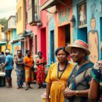 A vibrant street scene with people wearing colorful traditional clothing unfolds, as casual conversations weave through the air. The backdrop features buildings adorned with murals, and in the foreground, some converse in Garifuna phrases while others gather in the distance.