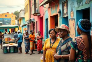 A vibrant street scene with people wearing colorful traditional clothing unfolds, as casual conversations weave through the air. The backdrop features buildings adorned with murals, and in the foreground, some converse in Garifuna phrases while others gather in the distance.