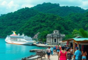 A cruise ship is docked at a tropical port. Tourists walk along a pathway lined with market stalls, in front of lush green hills and historical stone buildings. The sky is partly cloudy.