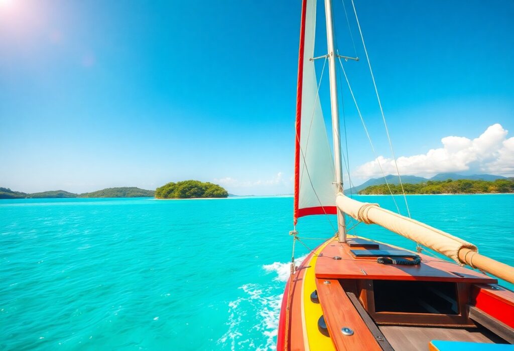 Sailboat gliding through clear turquoise waters under a sunny sky. The boat has a wooden deck and red trim. Small green islands are visible in the distance, framed by a mountainous horizon.