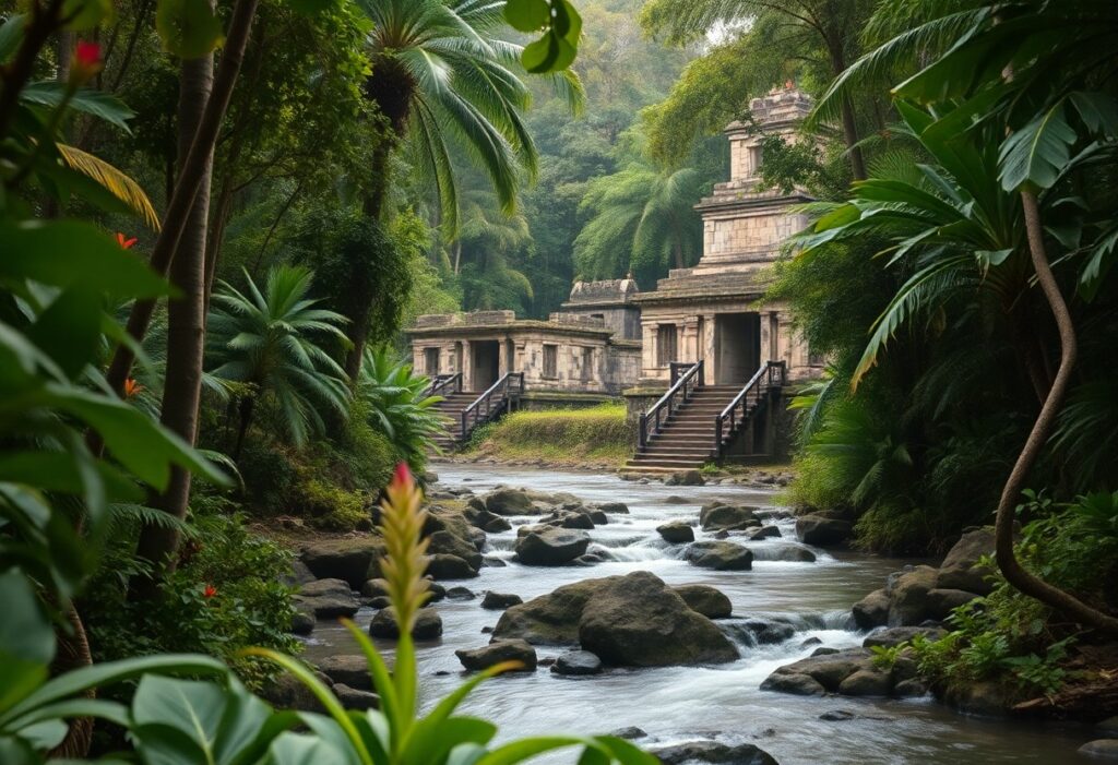 A lush tropical jungle scene featuring ancient stone temples partially obscured by dense vegetation. A gentle stream with rocks flows through the foreground, flanked by various green plants and trees.