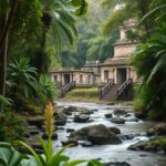 A lush tropical jungle scene featuring ancient stone temples partially obscured by dense vegetation. A gentle stream with rocks flows through the foreground, flanked by various green plants and trees.